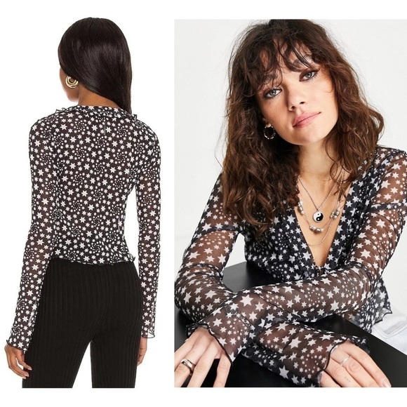 NEW FREE PEOPLE Y2K Sheer Star Tie Front Ruffle V-Neck Long Sleeve Crop Top XS - Picture 10 of 15